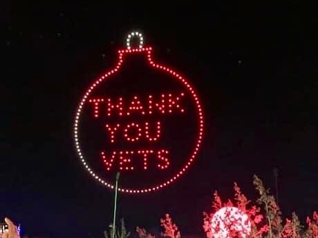 Thank You Vets ornament in a Christmas light display at the Winter Wonderland Cookoff