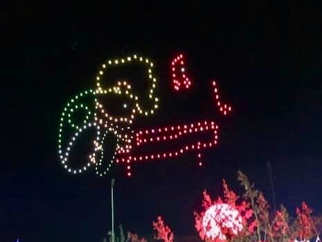 Christmas light display of an angel blowing a trumpet at the Winter Wonderland Cookoff