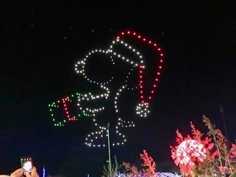 Snoopy wearing a Santa hat in a Christmas light display at the Winter Wonderland Cookoff